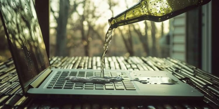 Photo of a drink bottle being poured out onto a laptop keyboard. The laptop is sitting on a wooden table outside, next to a house, with trees and a sunset in the background. AI-generated.