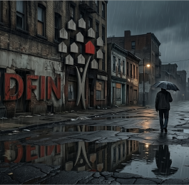 A rainy night scene, sad man walks down the street, the old Redfin logo is on the side of a building.