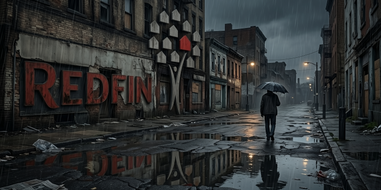 A rainy night scene, sad man walks down the street, the old Redfin logo is on the side of a building.