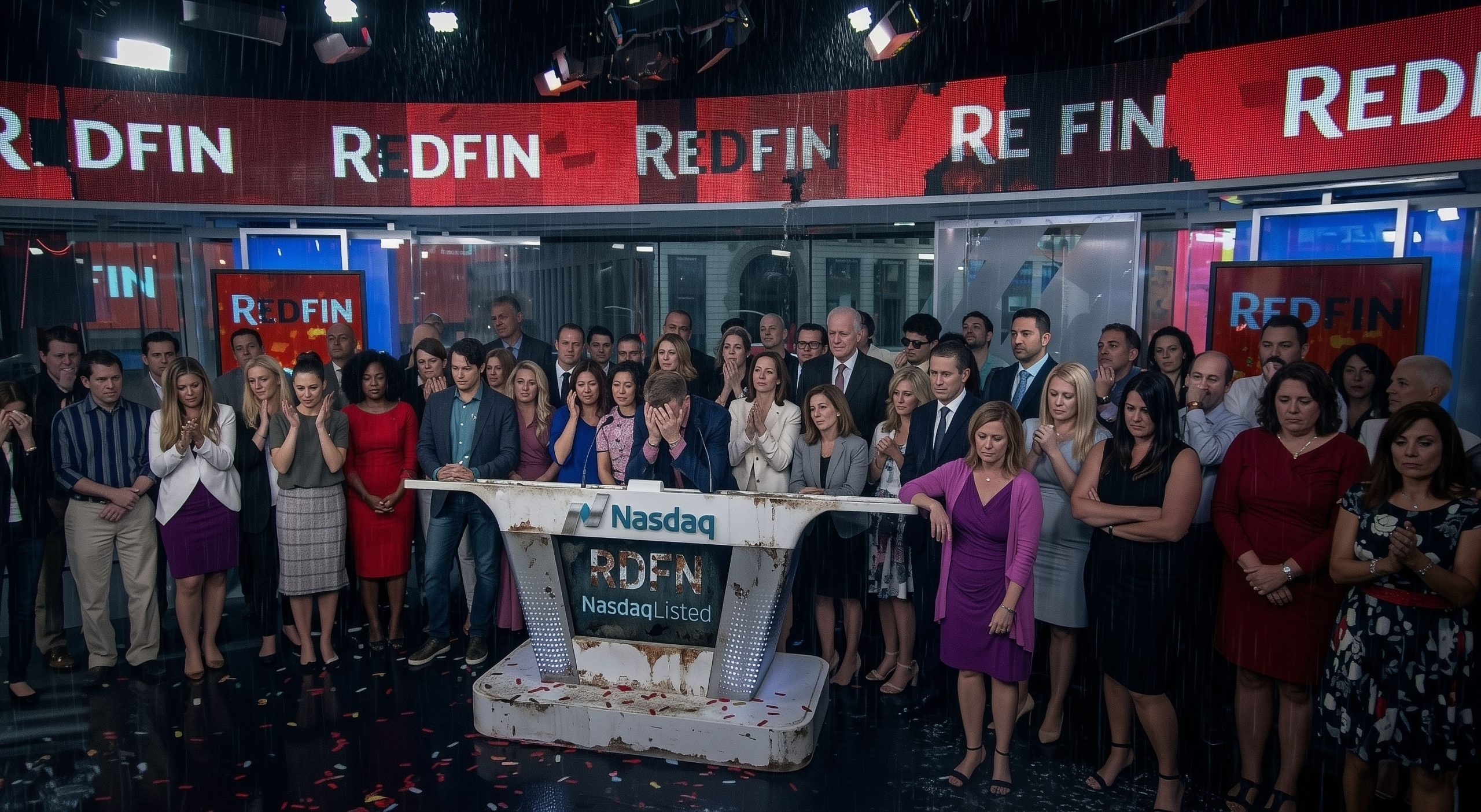 AI-altered image of Redfin executives ringing the NASDAQ opening bell, broken TV screens, everyone is sad, somehow it is raining indoors.